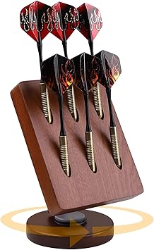 Rotating Wooden Dart Holder - Desktop Storage Stand for 6 Steel & Soft Tip Darts, Organizer Case with Non-Slip Base for Game Room, Bar, Office (Brown)
