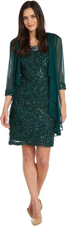 Beaded Jacket Dress W/Sheer 3/4 Sleeve Shrug in Pebble Georgette