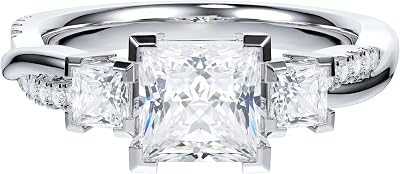 THELANDA Sterling Silver Genuine Moissanite Princess Cut 3 Stone Engagement Ring 1.2 CT Center Petite Twisted Vine Promise Bridal Wedding Ring for Women