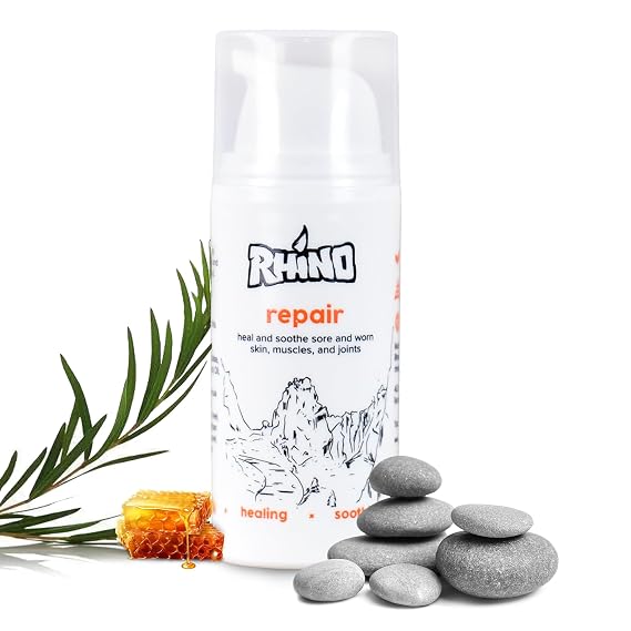 Rhino Skin Solutions Repair Cream Made for Your Adventure, Hand Repair Cream for Dry Cracked Hands, Non Greasy Hand Lotion with Honey and Tea Tree for Athletes and Workers, Made in USA (1 oz)