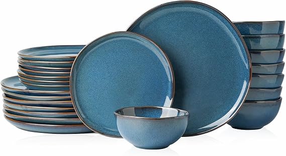 Stoneware Dinnerware Sets for 8, Reactive Glaze Plates and Bowls, Blue