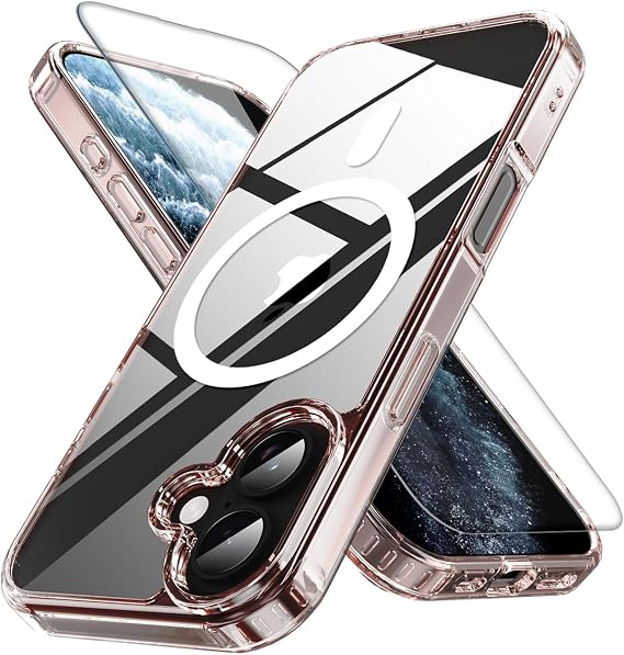 PinLiSheng Magnetic for Phone 17 Case with 1 Screen Protector [Mil-Grade Drop Protection] [Compatible with ] Shockproof Slim Transparent Protective Phone Case, Clear Pink