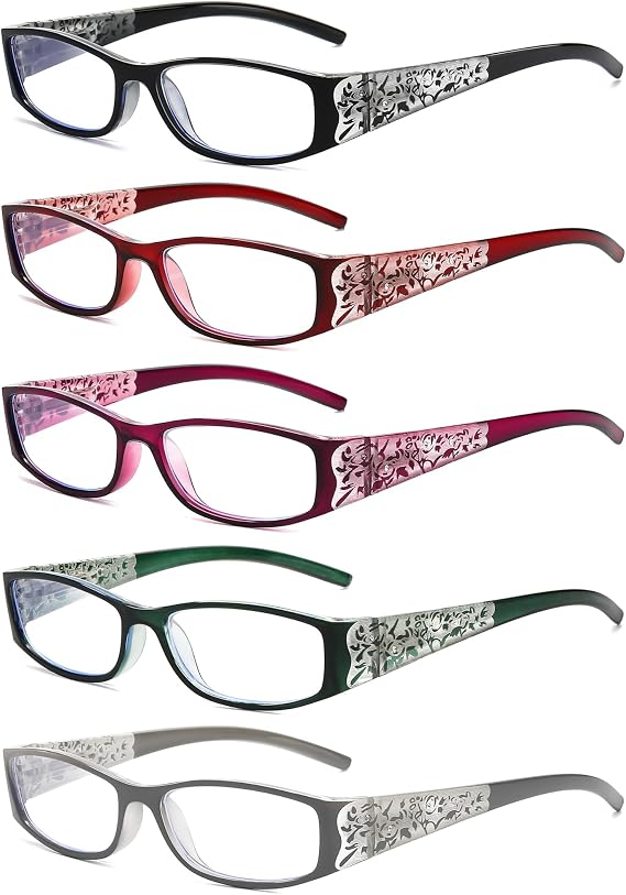 Reading Glasses Women Rhinestone Computer Reader Stylish Spring Hinge With Laser Pattern Diamond Eyewear 5 Pack PT2003