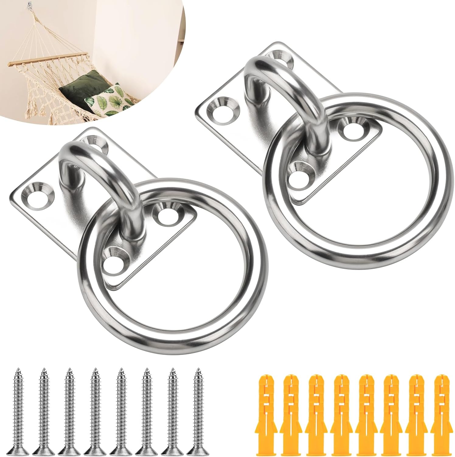 AccEncy 2Pcs M8 Stainless Steel Extra Large Heavy Duty Ring and Square Wall Mount Ceiling IndoorOutdoor Hooks