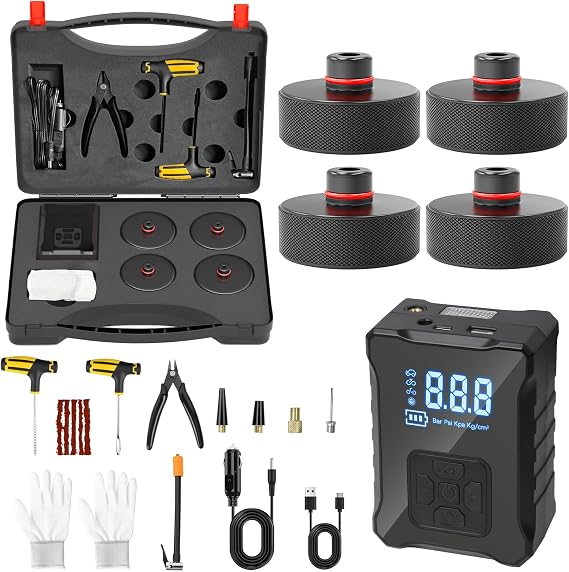 Tire Inflator Kit for Tesla Portable Pump / 4 Jack Pads & Repair Tools | Compatible with Model Y/3/S/X Wireless & Wired Digital Air Compressor Puncture Repair Set Rubber Lift Pucks 18PCS