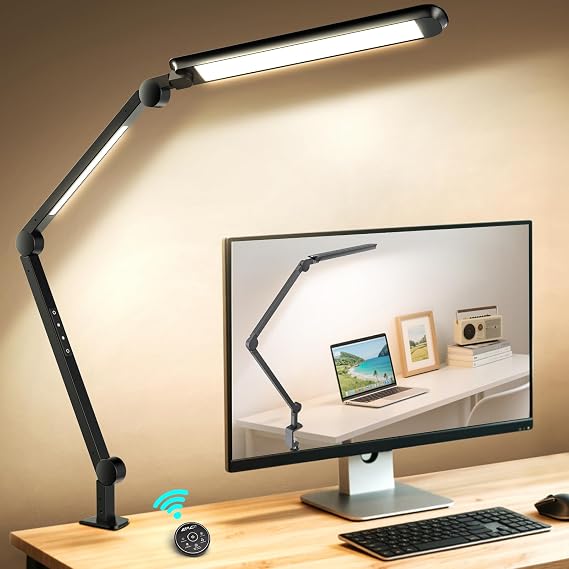 LED Desk Lamp with Clamp, Adjustable Dual Light & Remote Control, Puzzle Light for Table No Glare, 4 Color Modes with Wireless Remote for Home Office & Study