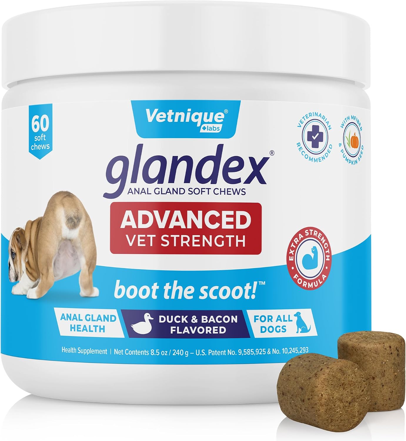 Vetnique Glandex Anal Gland Soft Chew Treats with Pumpkin for Dogs Digestive Enzymes, Probiotics Fiber Supplement for Dogs Boot The Scoot Advanced Strength DuckBacon Chews Vegetarian, 60 Ct