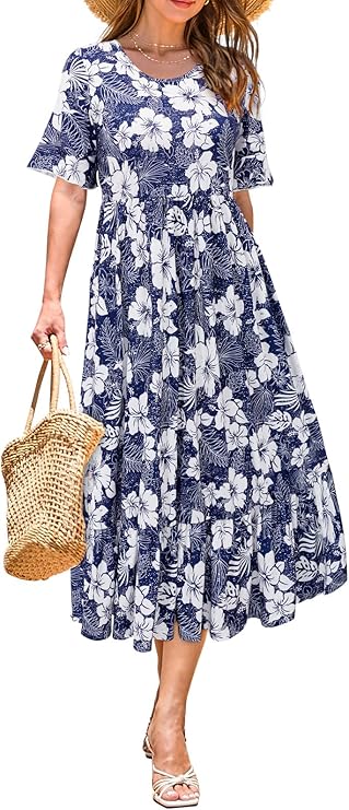 STYLEWORD Womens Summer Casual Short Sleeve Flowy Midi Beach Dress
