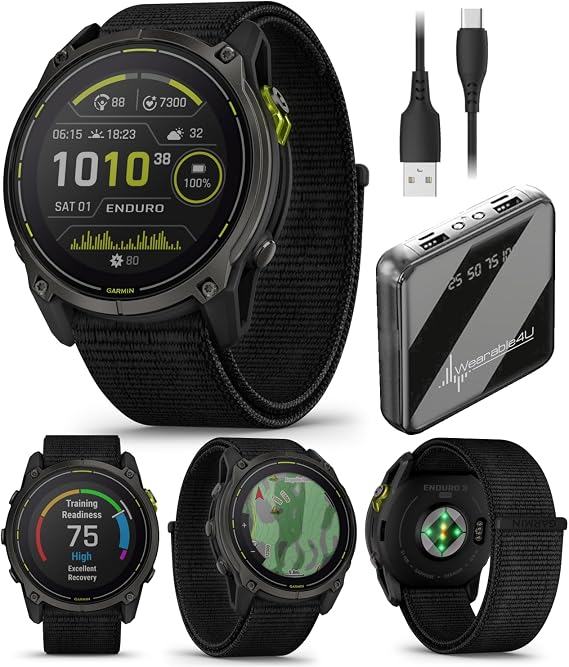 Garmin Enduro 3 51 mm, Solar, Sapphire, Ultraperformance GPS Smartwatch, Carbon Gray DLC Titanium with Black UltraFit Nylon Strap Bundle