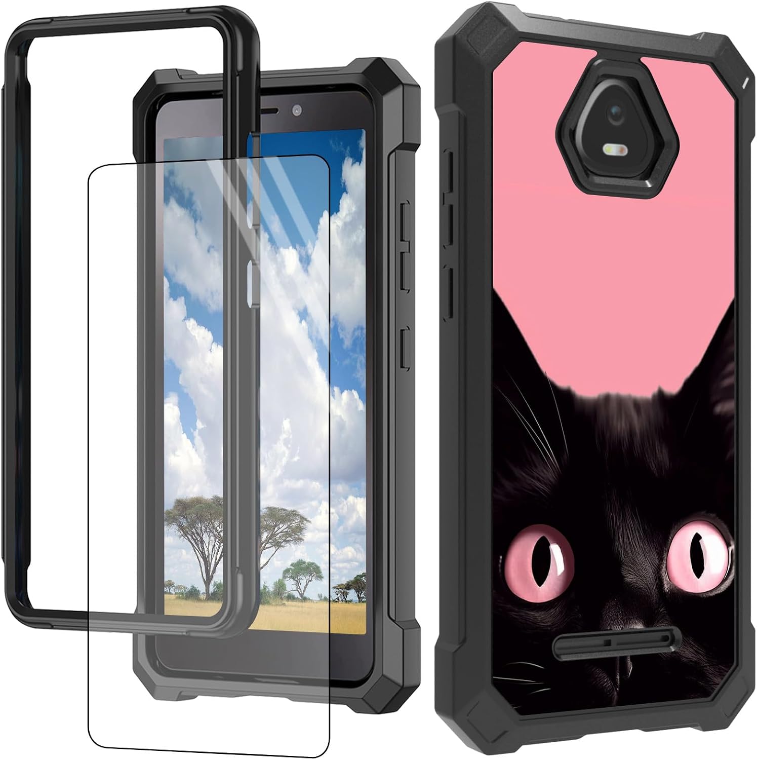 for Schock Volt SV55 Phone Case with Screen Protector Hard PC  Soft TPU Shock Proof Protective Phone Case for Schock Volt SV55 SV55216 5.5 inch 2022 - Black Cat Pink