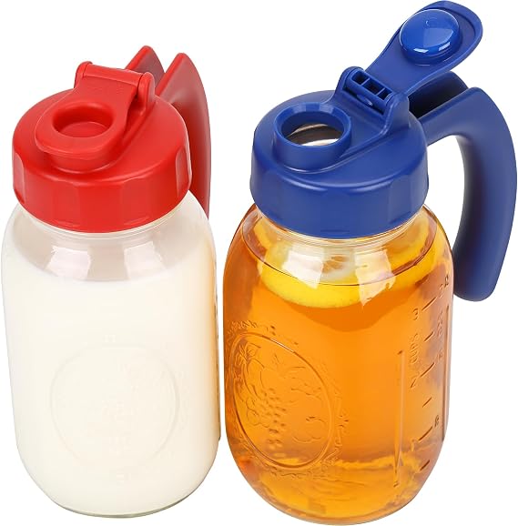 2 Pack Regular Mouth Mason Jar Lids with Handle, Airtight & Leak-proof Seal, Easy Pouring Spout, Turns your Mason Jar into Pitcher, Jars not included