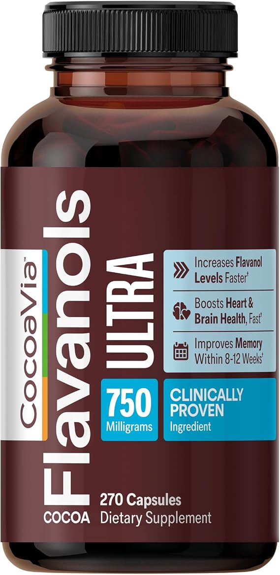 CocoaVia Ultra 750mg Cocoa Flavanols Heart & Brain Support, Memory & Blood Circulation Booster, High Flavanol Cocoa for Nitric Oxide, Energy & Oxygen Boost, Vegan, Gluten-Free, 90-Day Supply