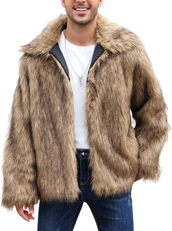 Arssm Faux Fur Coat for Men Warm Winter Fluffy Furry Jacket