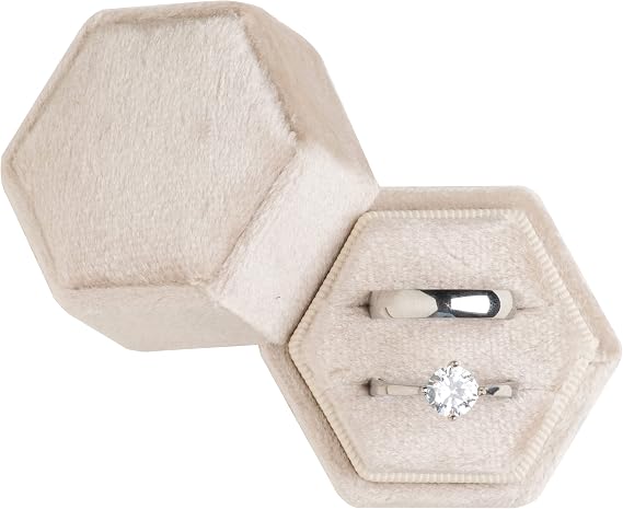 Premium Velvet Ring Bearer Box for Proposal Engagement Wedding Ceremony - Hexagon Vintage Double Ring Display Holder with Detachable Lid (Beige)