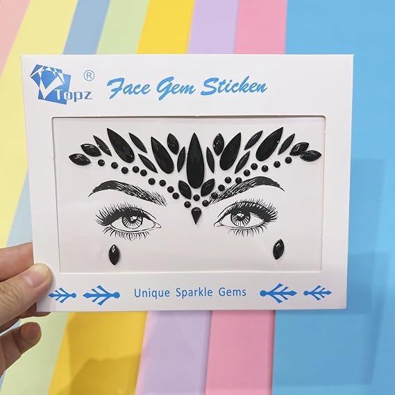 Topz Black Face Jewels Stick-On Festival Accessories - Halloween Angel Wing Rhinestones Sticker, Self-Adhesive Body Gems Jewelry for Party (Black)
