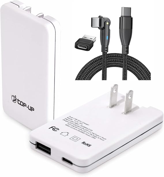 Top-Up Dual Charger Plug and USB C to USB C Fast Charging Cable 6ft 60W with USB A Adapter, 20V3A 180 Rotating Fast Charge Cable Compatible with MacBook Pro Air, iPad Pro, Samsung Galaxy
