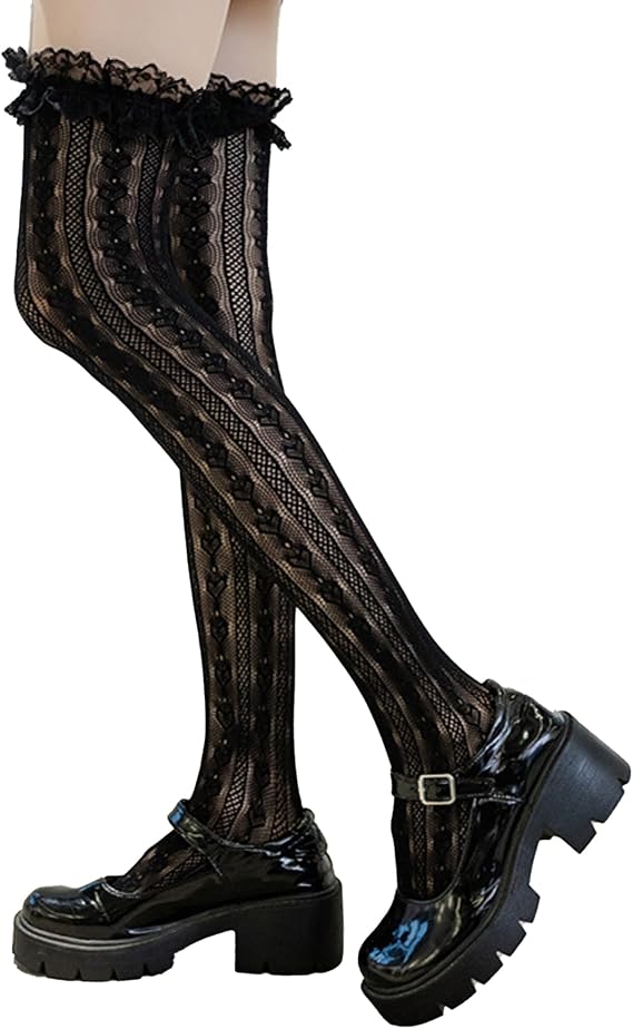 Lace Knee High Stockings, Black Sheer Pattern with Ruffle Trim, Gothic Style