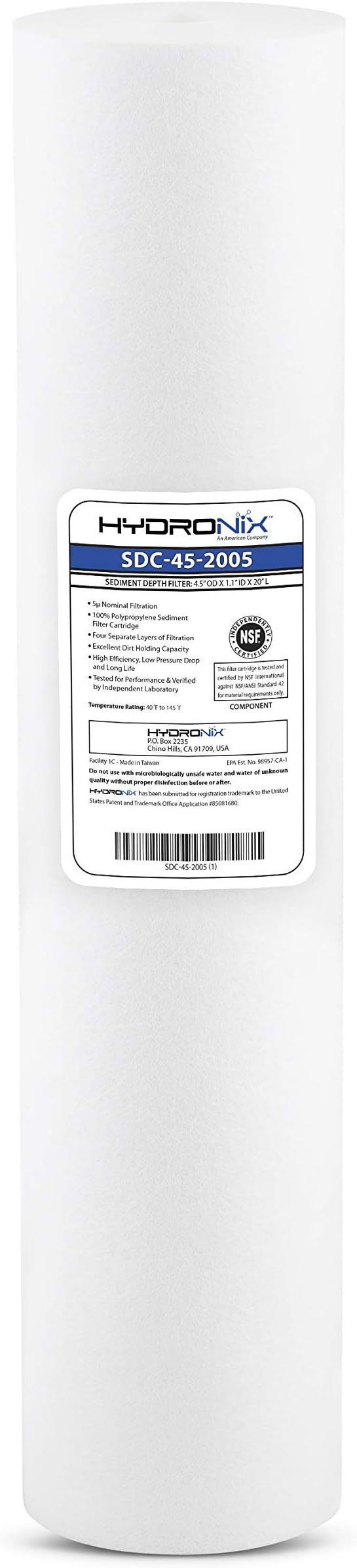 Hydronix SDC-45-2005 Whole House or Commercial NSF Polypropylene Sediment Water Filter Cartridge 4.5" x 20" - 5 micron
