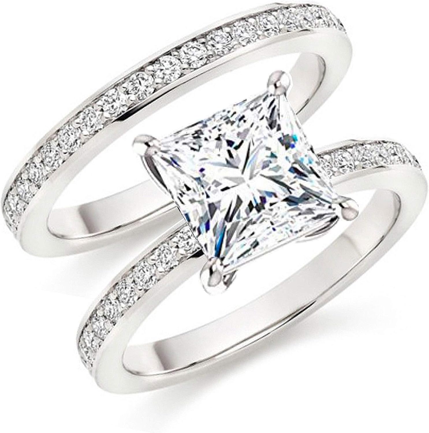 101 Facets Glamorous Princess Cut Simulated Diamond Band Set 925 Silver 1 2 Carats