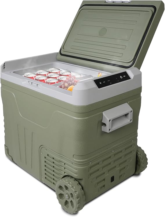 Portable 50L Car Refrigerator with Wheels & Pull Rod - Temperature Display (-4F-68F) electric coolers for vehicles, 12/24V DC & 100-240V AC - Ideal Car Freezer for Camping, RV, Home & Outdoor
