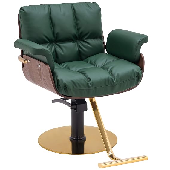 BarberPub Hydraulic Salon Chair, Curved Wood Frame Chair 3071 (Green) | Stable 360 Swivel Base, Comfortable Padded Seating, Professional Styling Chair