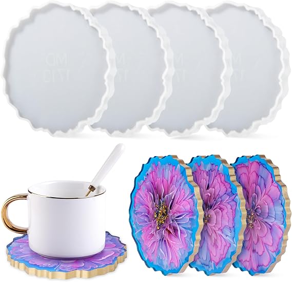 LET'S RESIN 4Pcs Resin Coaster Molds, Druzy Geode Agate Silicone Coaster Molds for Epoxy Resin, 5Inches Large Mould for DIY Art Craft Cup Mats, Durable and Flexible Moulds | Epoxy Molds for Epoxy Resin, Large Mould for DIY Art Craft Cup Mats, Durable and Flexible Moulds