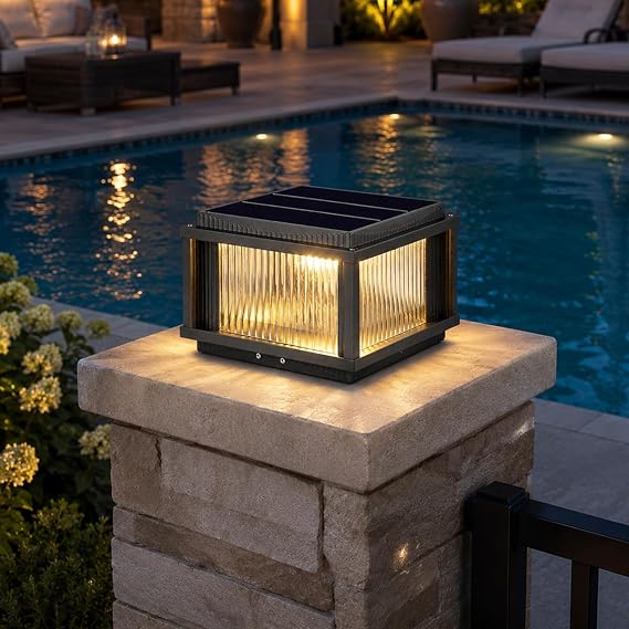 Solar Column Light Outdoor, Cast Aluminum LED IP65 Waterproof 10x10 Outdoor Pillar Lighting, Exterior Column Lamp Lanterns, Luxury Modern Post Cap Lights for Gate, Wall, Deck, Fence, Mail Box
