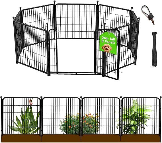 Getlay 24 in(H) Decorative Garden Fences with Gate, 8 Panels Total 15.7 ft(L) Heavy Duty Iron Animal Barrier Fence for Yard,Suitable for Indoor Pet Fence Or Outdoor Dog Fencing, Garden Border Fence