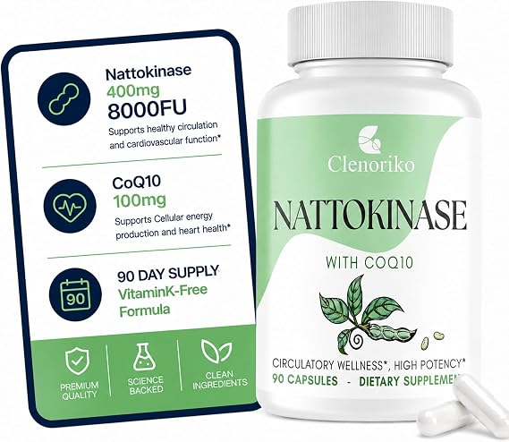 Nattokinase Supplement Vitamin K2 Free | Nattokinase 8000 FU and CoQ10 100mg for Heart* & Circulation | 400mg Natto Enzyme, 8000 FU per Serving, 90 Capsules (90 Day Supply)