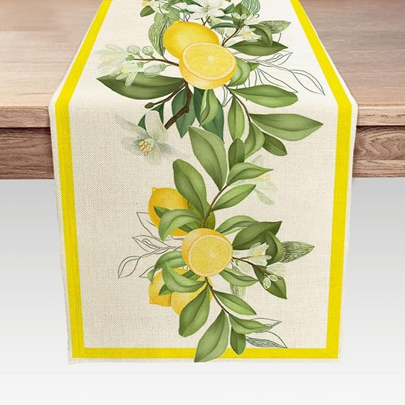 Spring Summer Lemon Table Runner, Fruits Kitchen Dining Table Decoration for Holidays, Yellow Lemons Leaves Flowers Farmhouse Table Decor Runners, 13X36IN