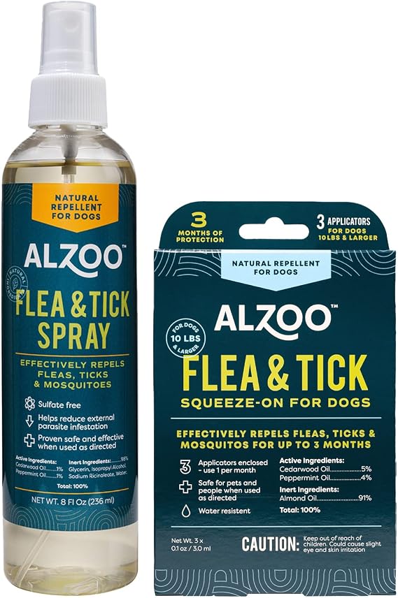 ALZOO Plant Based Flea & Tick Repellent Squeeze-On for Dogs and 8 Fl. Oz. Flea & Tick Repellent Spray for Dogs,Plant-Based Active Ingredients