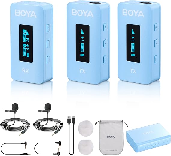 BOYA Wireless Lavalier Microphone BY-XM6-K2 Noise Cancelling Lapel Microphones for DSLR Cameras,328ft Range,21H Battery Life,Compact Clip on Mic for Video Recording Live Streaming Interview,Blue