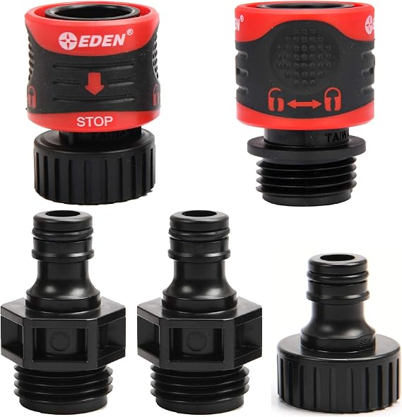 Eden 95210 Premium Garden Hose Quick Connect Set | 5-Piece Snap & Lock Fittings with Water Stop & Secure Twist-Lock Design