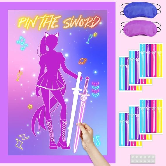 AFZMON Purple Kpop Birthday Decorations,Pin The Sword Party Favors Games for Kids, Large Poster with 24 Stickers for Party Supplies