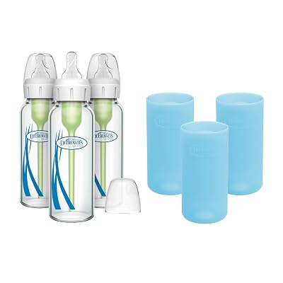 Dr. Browns Natural Flow Anti-Colic Options Narrow Glass Baby Bottles 8 oz250 mL, with Level 1 Slow Flow Nipple, 3 Pack 0m with Blue 100% Silicone Sleeves, BPA-Free