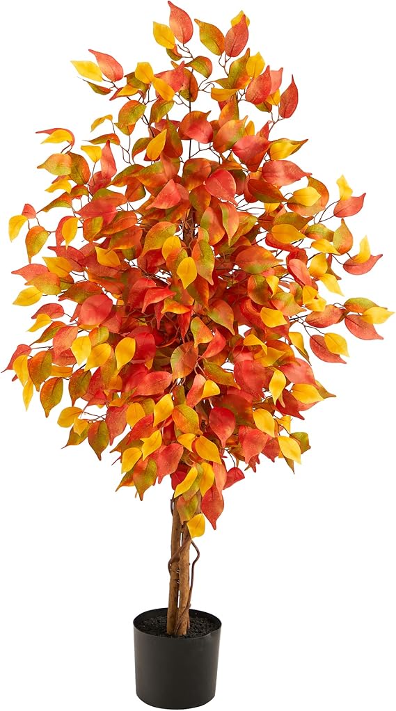 Nearly Natural 4 ft Artificial Autumn Ficus Tree with Pot Fall Room Decor | Natural-Wood Trunk, Variegated Foliage, 504 Bendable Branches, Nursery Planter Included, Indoor Harvest Accent Decor