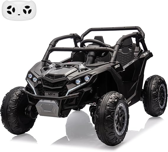 24V Ride On Car for Kids, 2 Seater Powered Electric Off-Road UTV Toy | 4WD Electric Vehicle With Remote Control,LED Lights,Four-Wheel Shock Absorption,3 Speeds,Horn, Music(Black)
