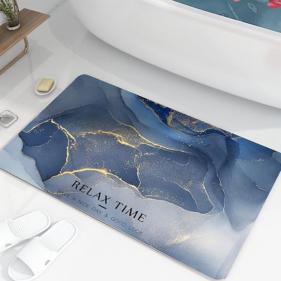 Thin Marble Bath Mats,Super Absorbent Bathroom Floor Mats Dark Blue Non-Slip Bathroom Rugs for Bathroom Machine Washable Floor Rug Quick Dry Carpets Bathmat Shower Rug Decorations