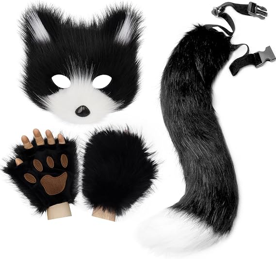 HAOAN Furry Fox Mask Wolf Fox Tail and Paw Gloves Set Adult Cat Halloween Mask Animal Party Costume