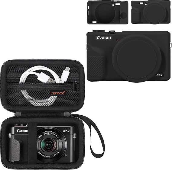 Canboc G7X Mark III Case, Canon PowerShot G7X Mark III Hard Case Bundle with G7 X Mark III Soft Silicone Cover with Removable Lens Cover, Black
