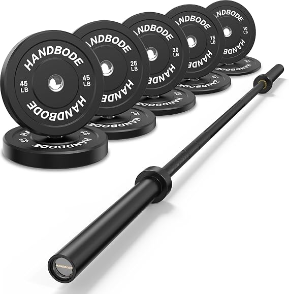 HANDBODE Bumper Plates, 230 lb Set Olympic Weight Plates, Rubber Bumper Weights Plate, Standard Strength Training Plates for Weightlifting with 45 lb (20 kg) Black Barbell