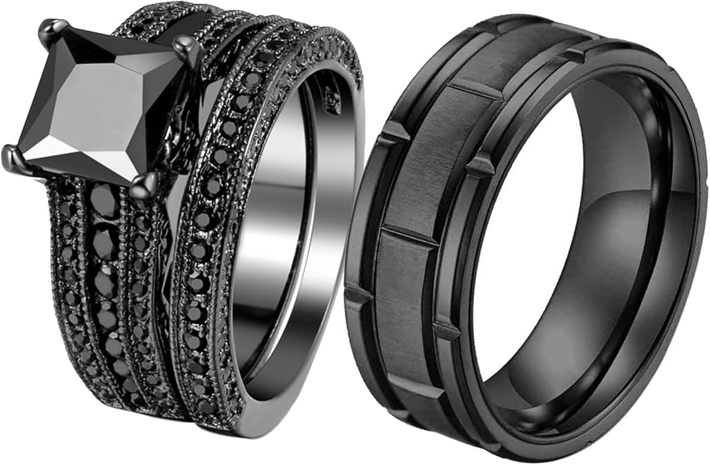 His and Hers Wedding Ring Sets Couples Rings Women 10K Black Gold Filled Blue Cz Wedding Engagement Ring Bridal Sets Men's Wedding Band
