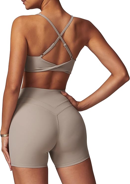 ABOCIW Workout Sets for Women 2 Piece V Neck Twist Back Sports Bra High Waist Biker Shorts Yoga Outfits
