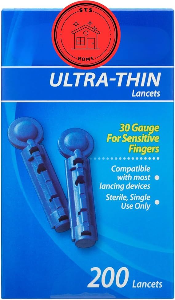 Ultra-Thin Lancets 30 Gauge 200 Count | Lancets for Blood Glucose Testing | Compatible with Most Lancing Devices + STS Sticker.
