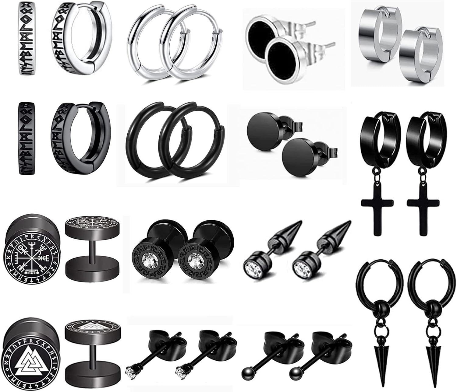 Mens Earrings, Whisper 12 Pairs Black Earrings for Men Women, Black Stainless Steel Earrings Stud Earrings Kit for Men Boys Jewelry Piercing Men Earrings Sets Cross DangleHuggie HoopCZ Earring Sets