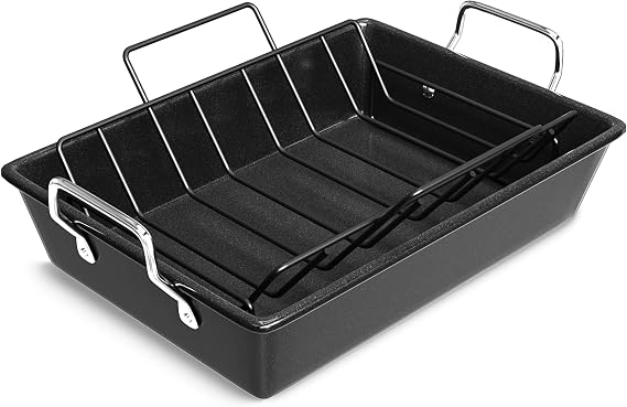 Large Roasting Pan With Rack 17'' x 12'' - Heavy Duty Carbon Steel Nonstick Roaster Pan with U Rack Bakeware Tray for Turkey, Chicken, Veggies - Oven, Broiler & Dishwasher Safe