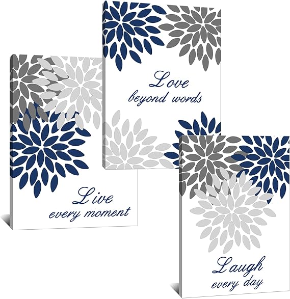Derkymo 3 Pieces Bathroom Picture Wall Decor Navy Blue Live Love Dahlia Flower Canvas Wall Art Floral Pictures for Home Decoration Stretched and Framed Ready to Hang 12"x16"x3pcs (Blue)