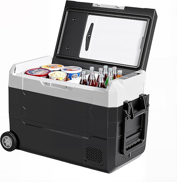 OLIXIS Portable Car Refrigerator, 42QT Dual-Zone Electric Cooler for Vehicles with Wheels & Cutting Board,4F-68F Freezer Smart Control via Bluetooth, Battery Protection, 12/24V DC & 100-240V AC