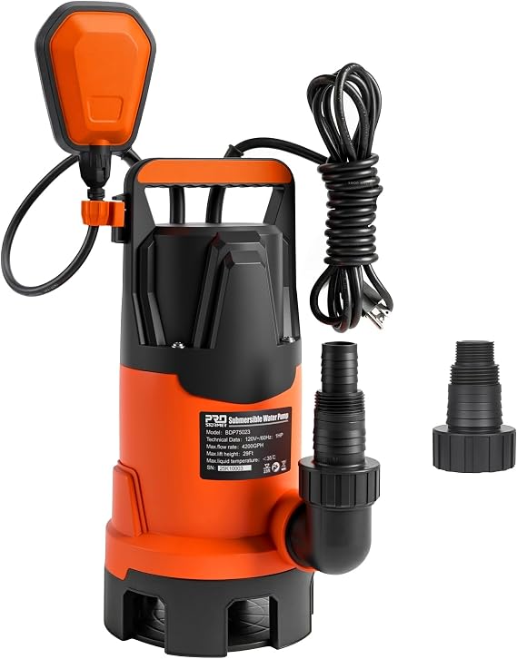 Prostormer 1HP Sump Pump for Dirty & Clean Water, 4200GPH Submersible Water Pump, 29ft Max Lift, Handles Solids Up to 114 Inches, Automatic Float Switch, for Draining Tanks, Basements, Window Wells