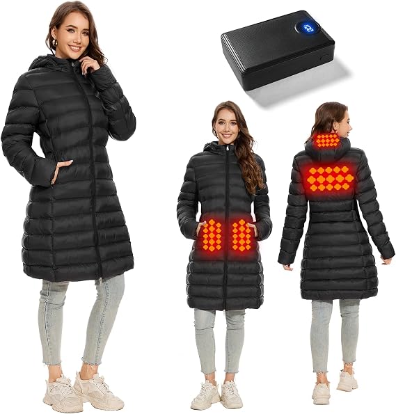 OAOA innovation Women's Heated Jackets,4 Heating Areas With 12000mAh Power Bank,Winter Warm Outdoor Heated Coat for Women